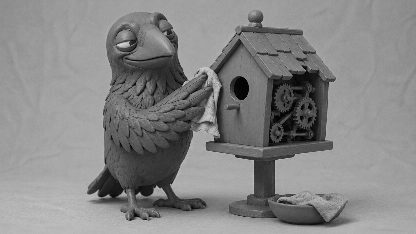 Jake the raven polishing a beautiful birdhouse with hidden gears inside, symbolizing website development features that turn attractive websites into revenue machines.
