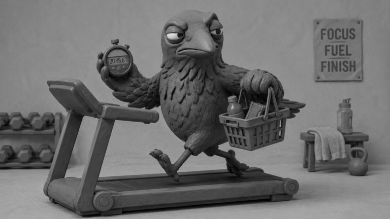 Jake the raven running on a treadmill while balancing a stopwatch and a shopping basket, symbolizing fast website development and digital performance that drives business growth.