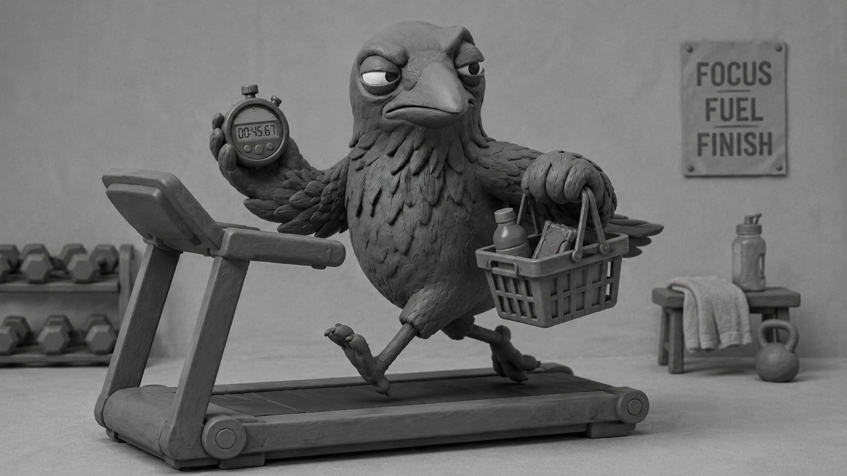 Jake the raven running on a treadmill while balancing a stopwatch and a shopping basket, symbolizing fast website development and digital performance that drives business growth.
