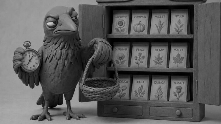 Jake the raven ready to retrieve seeds from a tiny organized cupboard beside a stopwatch, symbolizing website caching and faster website speed for better SEO rankings.