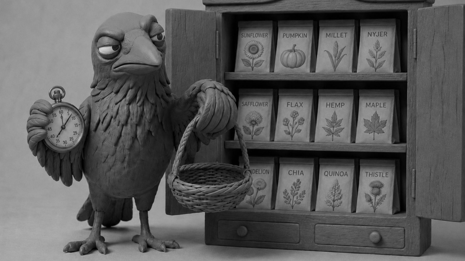 Jake the raven ready to retrieve seeds from a tiny organized cupboard beside a stopwatch, symbolizing website caching and faster website speed for better SEO rankings.