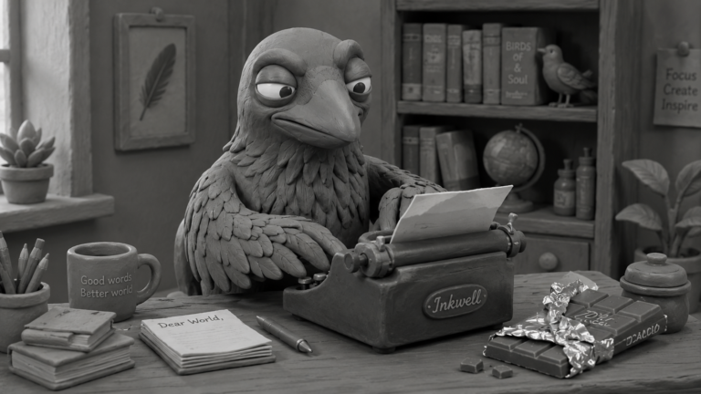 Jake the raven typing a love letter beside a half-unwrapped chocolate bar, symbolizing World Chocolate Day and chocolate as a favorite mood booster.