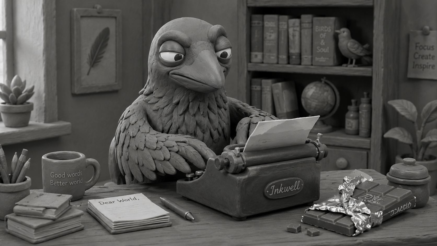 Jake the raven typing a love letter beside a half-unwrapped chocolate bar, symbolizing World Chocolate Day and chocolate as a favorite mood booster.