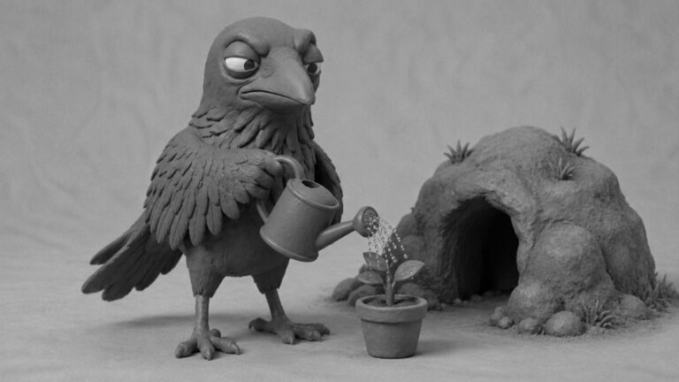 Jake the raven watering a small potted plant beside a tiny cave, symbolizing practical everyday sustainability for World Nature Conservation Day.