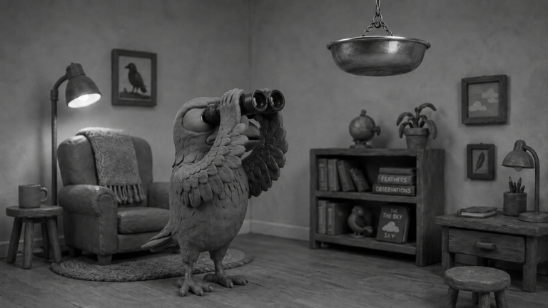 Jake the raven staring through binoculars at a shiny floating bowl, symbolizing curiosity about UFOs and unexplained phenomena on this World UFO Day