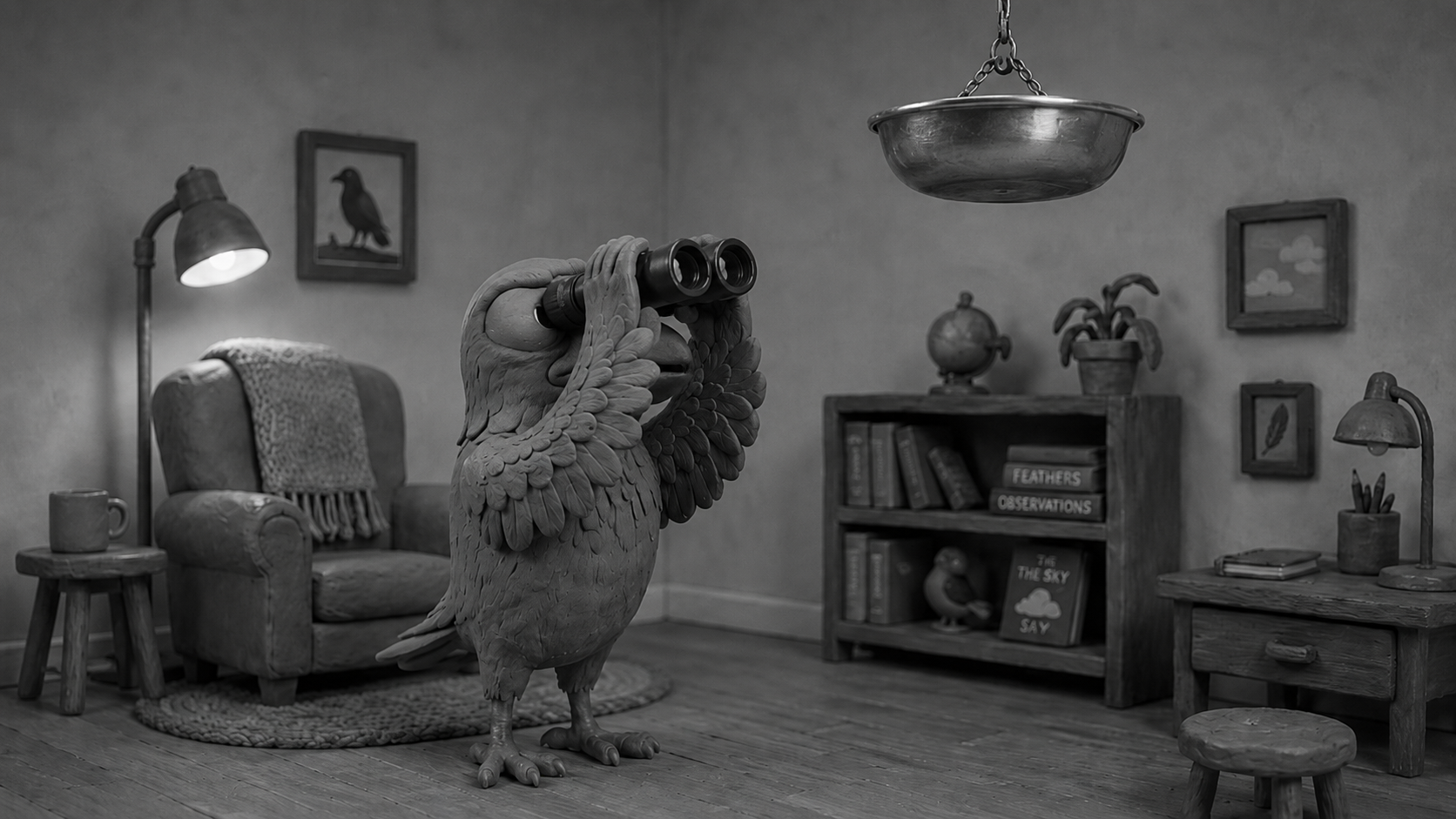 Jake the raven staring through binoculars at a shiny floating bowl, symbolizing curiosity about UFOs and unexplained phenomena on this World UFO Day