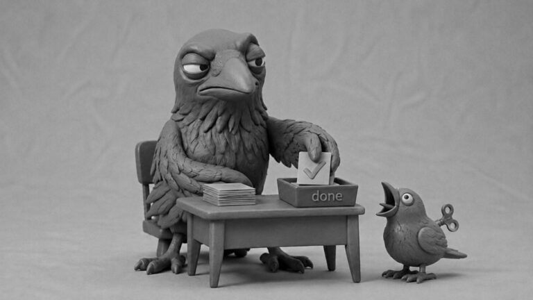 Jake the raven sitting at a desk beside a chattering wind-up toy bird and a done tray of task cards, symbolizing AI agents evolving from chatbots into digital coworkers.
