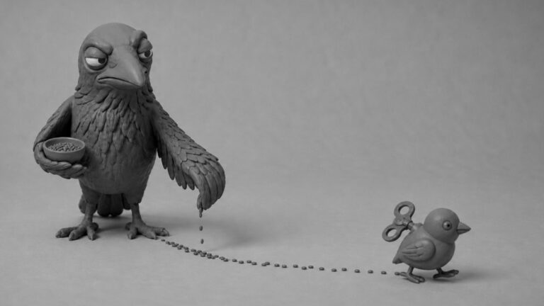 Jake the raven trying to redirect an old wind-up toy bird with a seed trail, symbolizing AI agents replacing rigid traditional automation scripts.