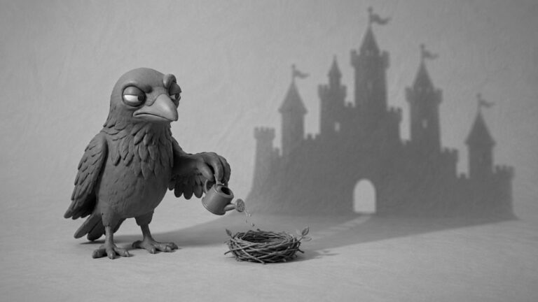 Jake the raven watering a tiny nest with a large fortress-like shadow, symbolizing AI and automation helping everyday businesses grow into powerful scalable systems.
