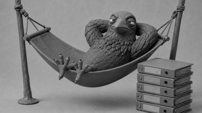 Jake the raven relaxing in a nest hammock beside organized task piles, symbolizing how an AI assistant and virtual assistant can manage daily life and reduce workload.