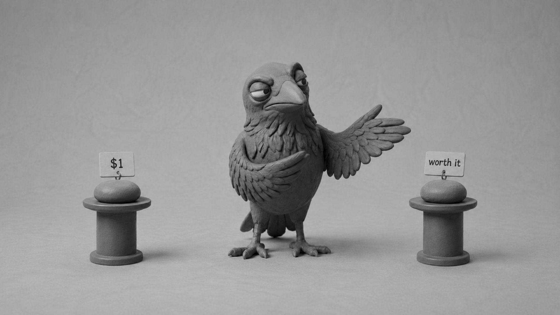 Jake the raven rejecting a cheap price tag while polishing a premium shiny pebble, symbolizing brand positioning strategy and charging what a business is worth.