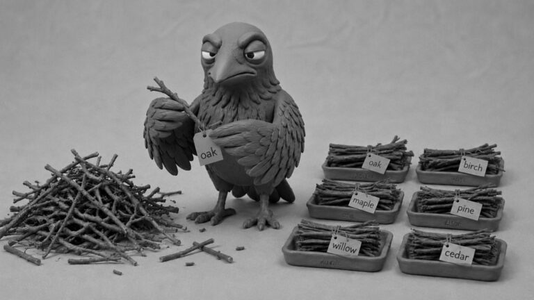 Jake the raven labeling and organizing messy twigs, symbolizing business consulting and documentation that turn operational chaos into scalable systems.