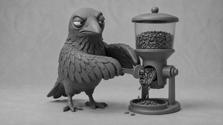 Jake the raven fixing a jammed seed dispenser instead of adding more seeds, symbolizing business consulting services that repair broken processes before hiring more people.