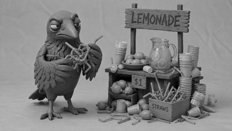 Jake the raven untangling straws beside an overloaded lemonade stand, symbolizing business consulting services that help growing companies fix operational bottlenecks.