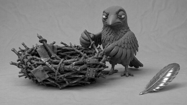 Jake the raven building a sturdy oversized nest from mixed materials while ignoring a giant shiny feather, symbolizing digital marketing growth through multiple channels instead of single-channel obsession.