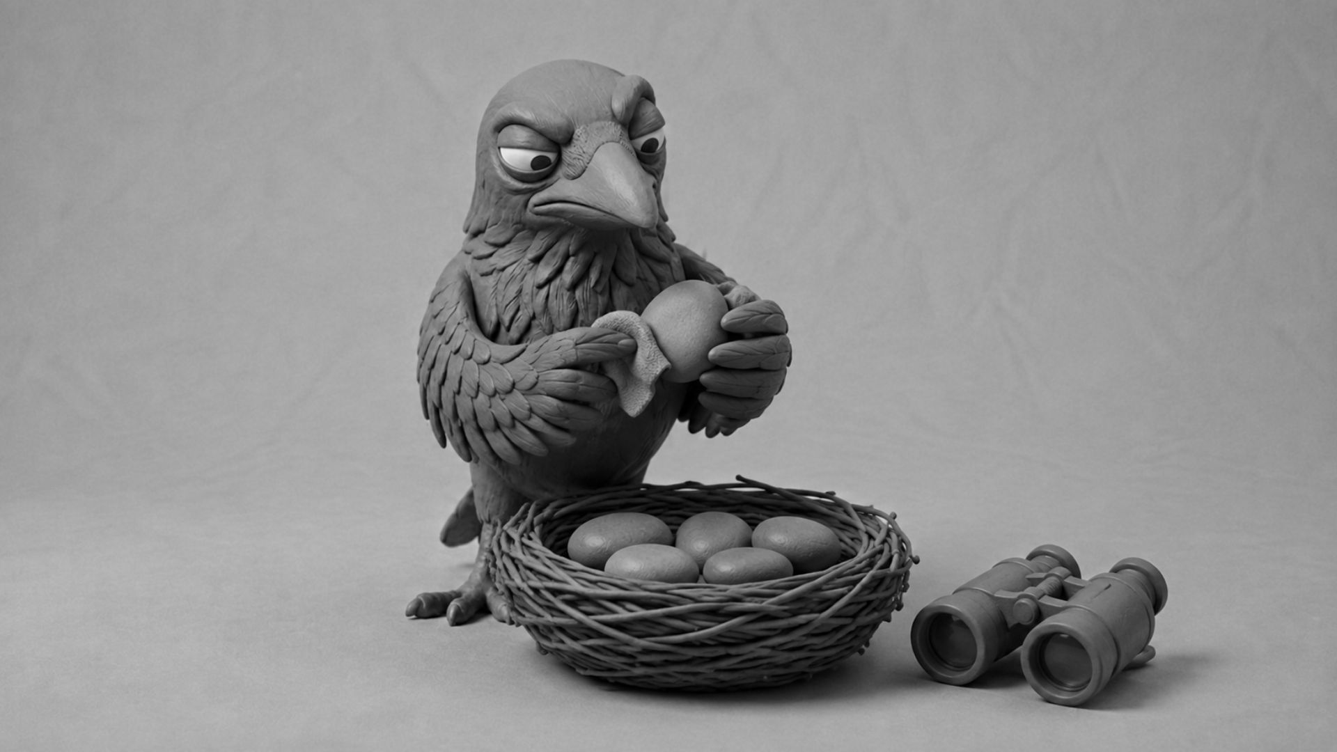 Jake the raven polishing shiny pebbles in a nest beside unused binoculars, symbolizing ecommerce customer retention over chasing new traffic.