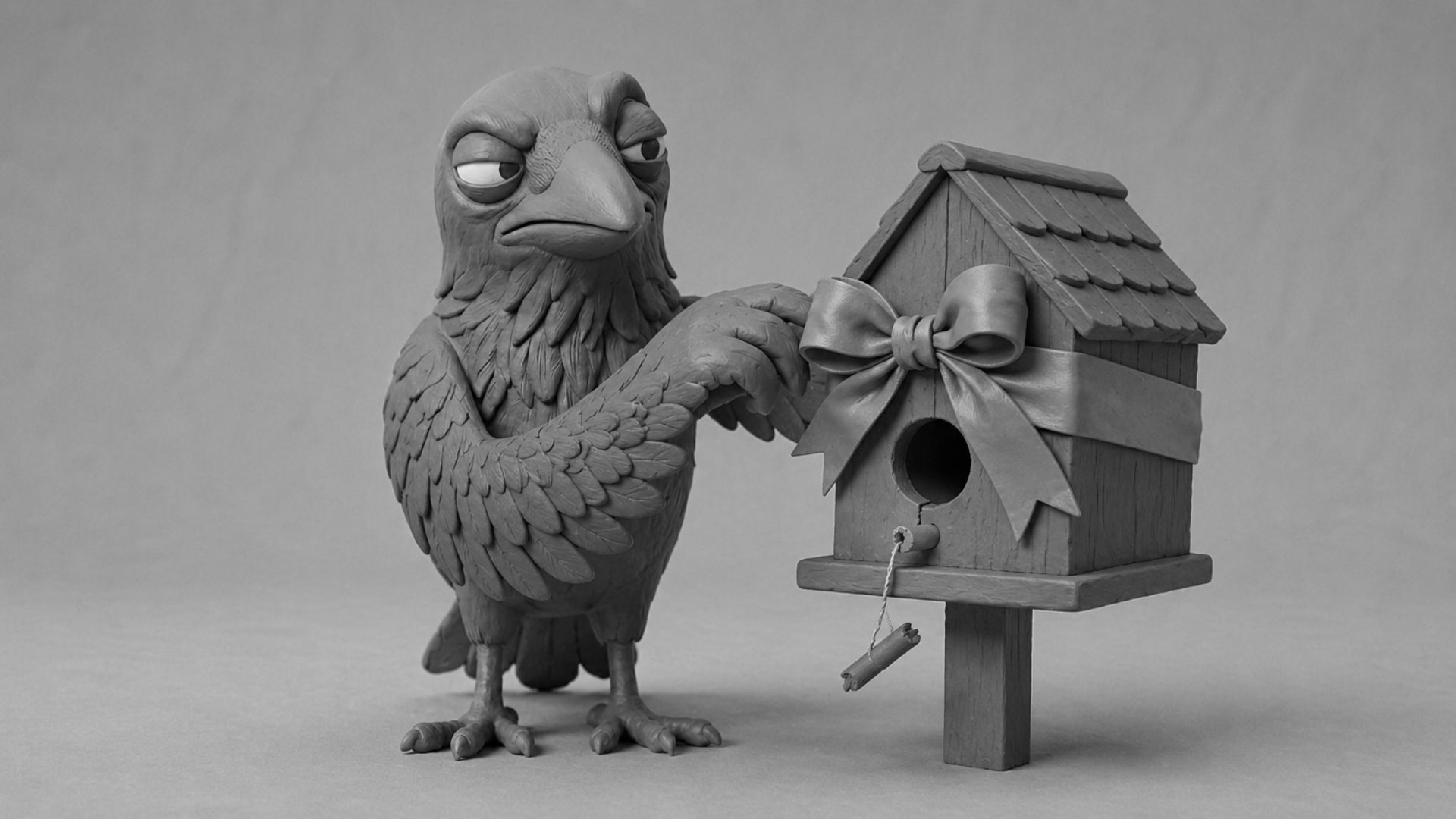 Jake the raven decorating a beautiful birdhouse with a broken perch, symbolizing high website traffic without high-converting website design.