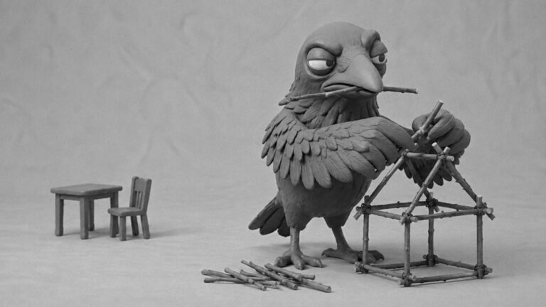 Jake the raven ignoring a tiny table and chair while building a twig birdhouse frame, symbolizing young people creating their own future instead of waiting for inclusion.