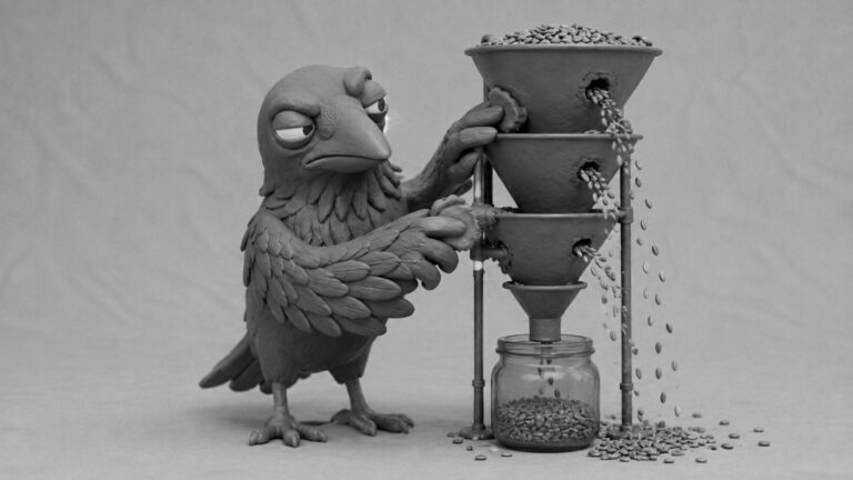 Jake the raven plugging leaks in a multi-level seed funnel above a small jar, symbolizing marketing funnel stages and revenue leaks hurting profit margins.