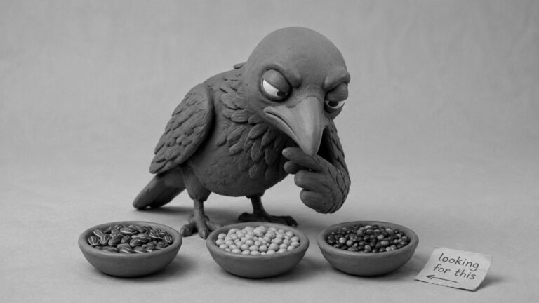 Jake the raven choosing the right seed bowl beside a handwritten note, symbolizing search intent and SEO services that match what users are actually looking for.
