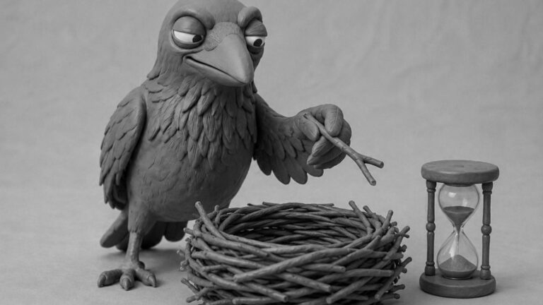 Jake the raven building a sturdy nest one twig at a time beside an hourglass, symbolizing SEO services that build long-term authority for service businesses.