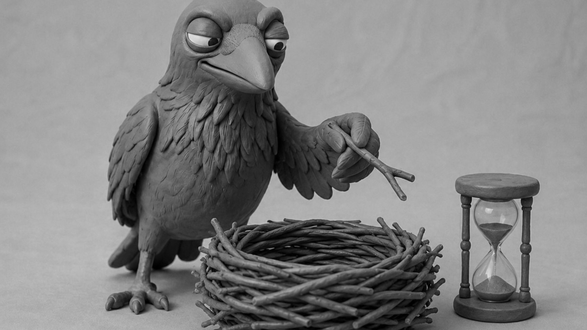 Jake the raven building a sturdy nest one twig at a time beside an hourglass, symbolizing SEO services that build long-term authority for service businesses.