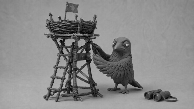 Jake the raven building a tall lookout perch and planting a tiny flag beside abandoned binoculars, symbolizing SEO services turning a business into a highly visible online landmark.