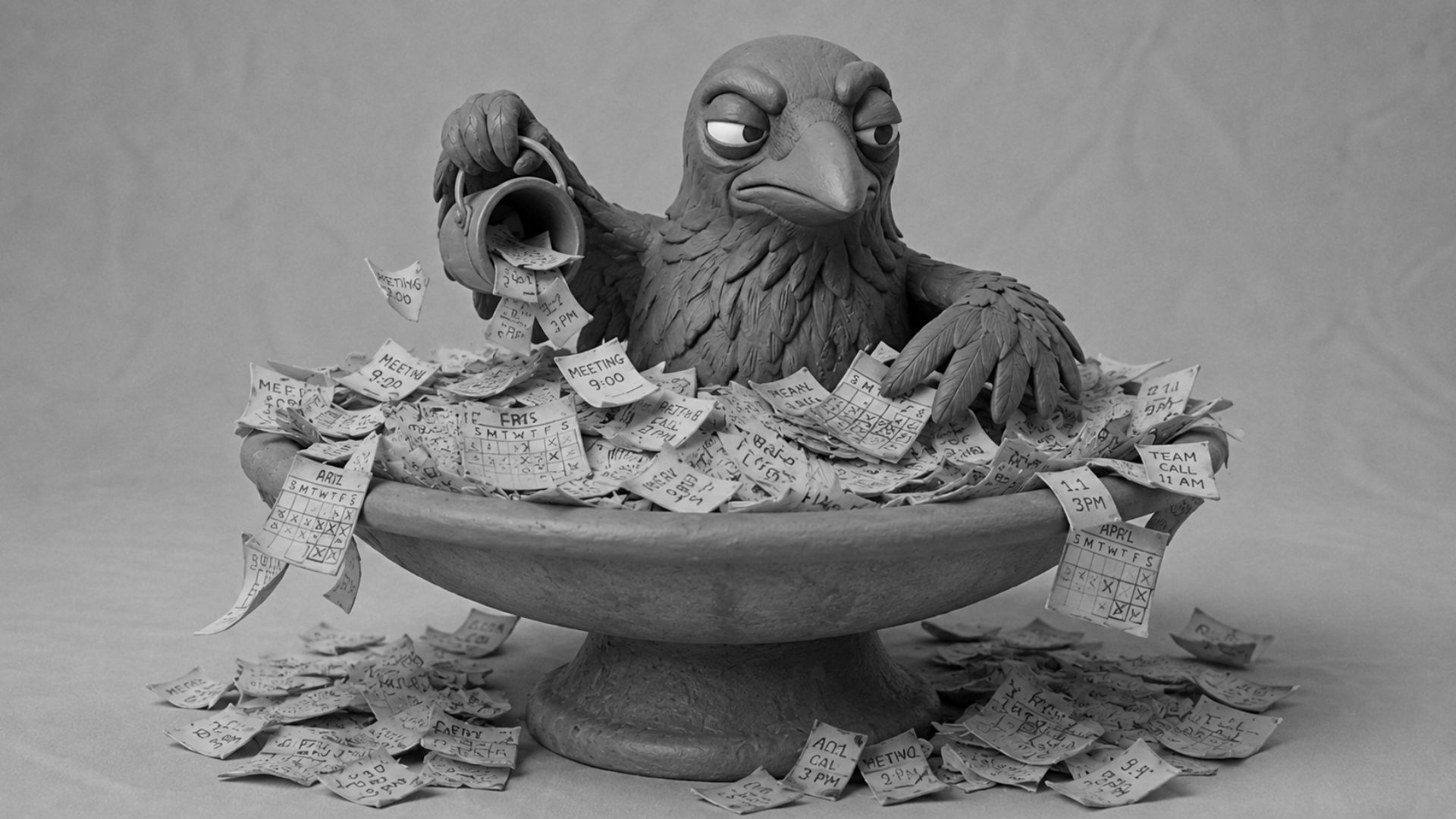 Jake the raven scooping calendar pages out of an overflowing birdbath, symbolizing virtual assistant services helping solopreneurs manage scheduling chaos.