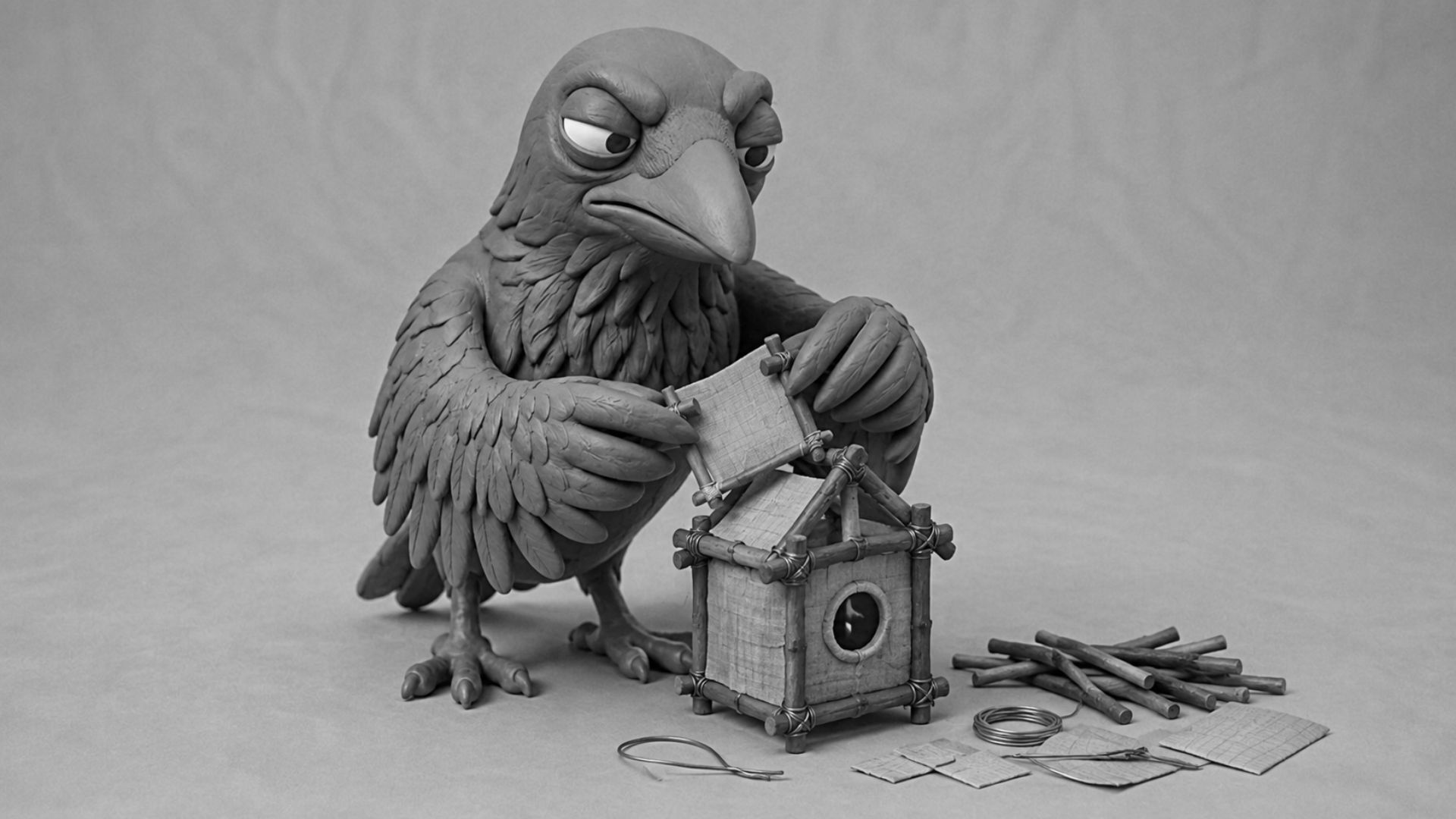 Jake the raven building a tiny birdhouse from twigs and paper screens, symbolizing website design that creates lasting digital experiences beyond visual appeal.