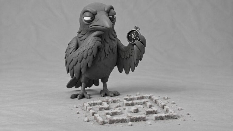 Jake the raven navigating a breadcrumb maze with a tiny compass, symbolizing AI search discovery, answer engines, and SEO tools that improve online visibility.