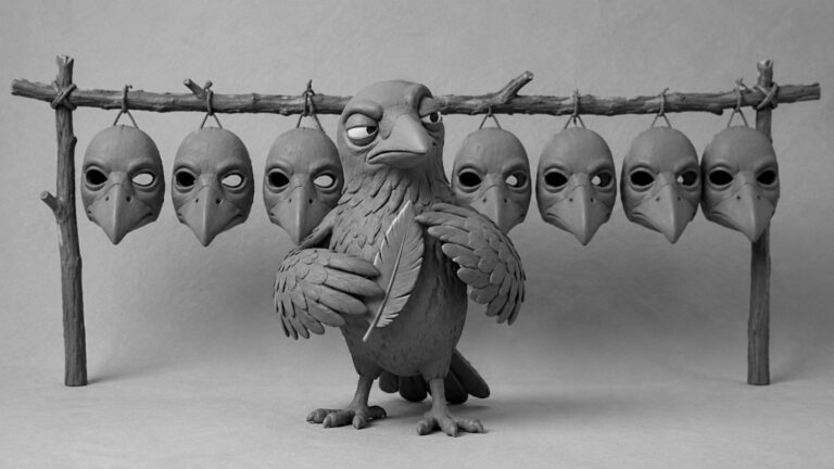 Jake the raven standing beside identical bird masks while attaching a bold feather to himself, symbolizing branding and identity that stands out from copycat competition.