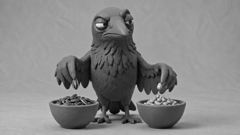 Jake the raven sorting different seeds into two bowls, symbolizing task delegation between AI assistants, AI agents, and automation in a business automation process.