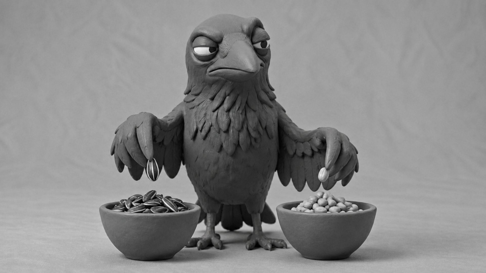 Jake the raven sorting different seeds into two bowls, symbolizing task delegation between AI assistants, AI agents, and automation in a business automation process.