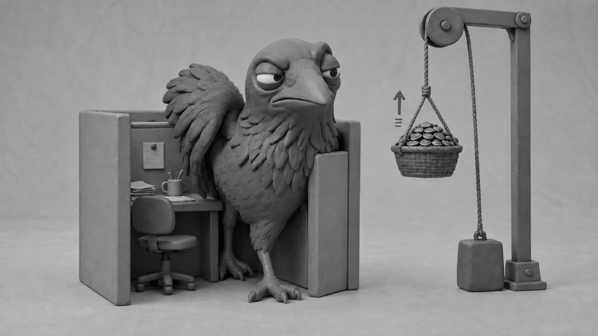 Jake the raven climbing out of a tiny cubicle while a pulley lifts a seed basket, symbolizing a business automation process that replaces manual operations with smarter systems.