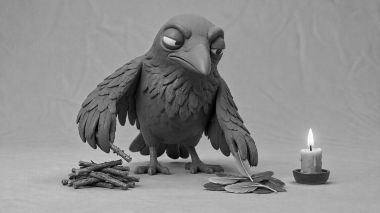 Jake the raven sorting twigs and feathers beside a tiny candle, symbolizing business consulting services that help decide what to automate, delegate, or keep human.