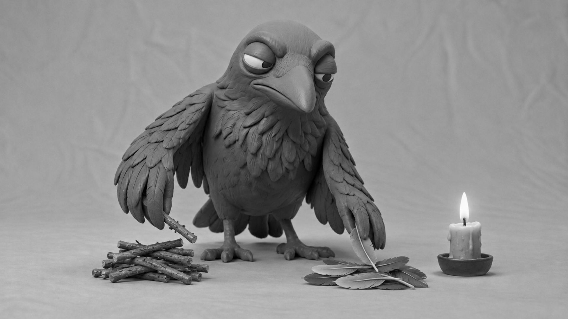 Jake the raven sorting twigs and feathers beside a tiny candle, symbolizing business consulting services that help decide what to automate, delegate, or keep human.
