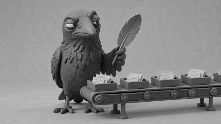 Jake the raven sending repetitive task slips down a tiny assembly line while protecting a bold feather, symbolizing digital marketing services and automation without losing brand personality.