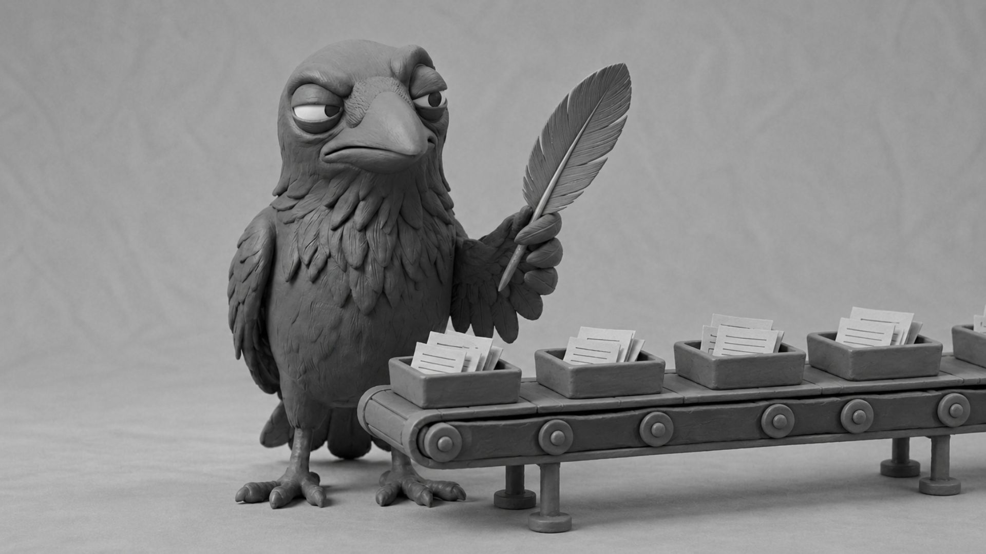 Jake the raven sending repetitive task slips down a tiny assembly line while protecting a bold feather, symbolizing digital marketing services and automation without losing brand personality.