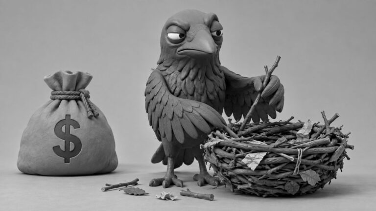 Jake the raven building a strong nest from small scraps while ignoring a large money bag, symbolizing a bootstrap digital marketing strategy that competes without enterprise budgets.