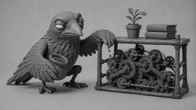 Jake the raven feeding shiny seeds into hidden gears beneath a tiny product shelf, symbolizing ecommerce website product pages becoming organic traffic engines.