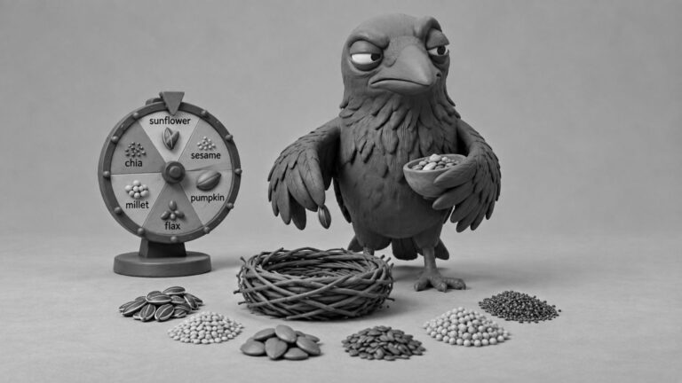 Jake the raven arranging random seeds from a tiny roulette wheel into organized nest clusters, symbolizing SEO tools, content planning, and topical authority.
