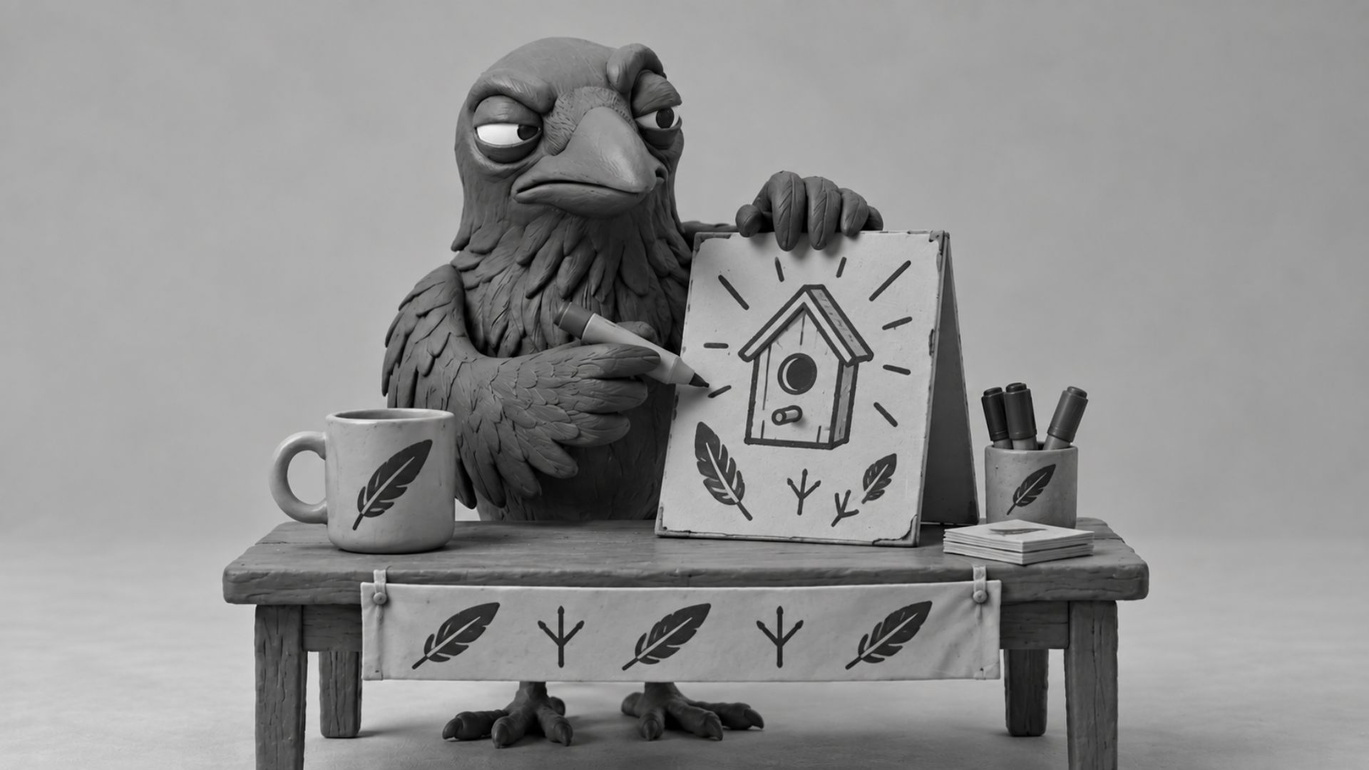 Jake the raven standing behind a small sales table while flipping a plain sign into a clearer, more persuasive one beside a coffee mug, symbolizing website design that turns into a strong sales tool.